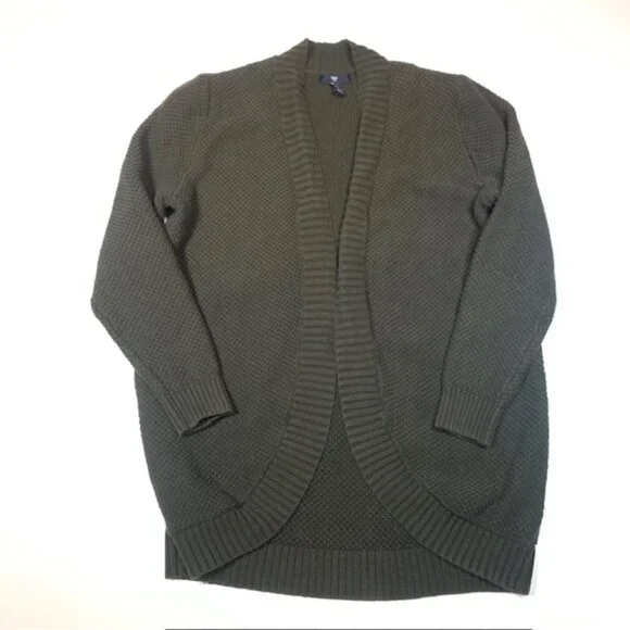 Gap Olive Green Open Front Cardigan Womens Large Textured Knit Sweater - Picture 2 of 8
